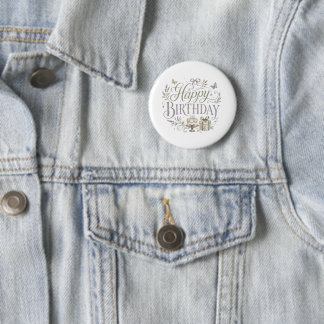 Purple Green Florals Happy Birthday 2 Inch Round Button