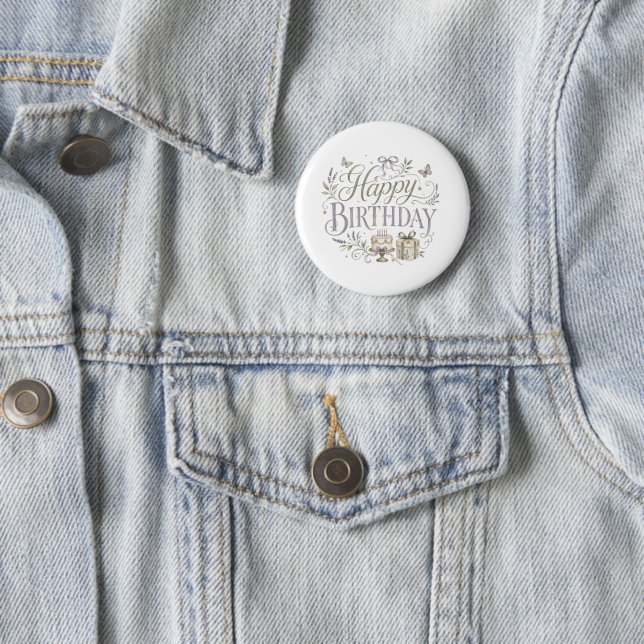 Purple Green Florals Happy Birthday  2 Inch Round Button (In Situ)