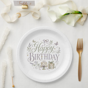 Purple Green Florals Happy Birthday  Paper Plate