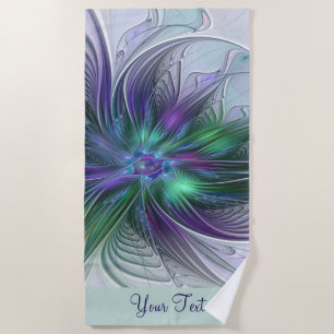 Purple Green Flower Abstract Art Fractal Name Beach Towel