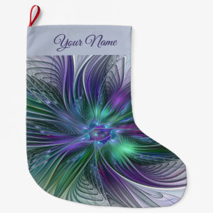 Purple Green Flower Abstract Art Fractal Own Name Large Christmas Stocking