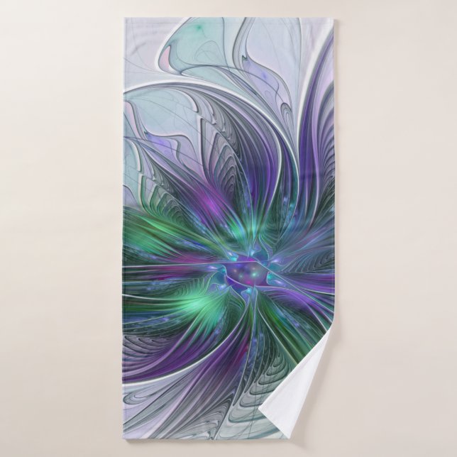 Purple Green Flower Modern Abstract Art Fractal (Serviette de bain)
