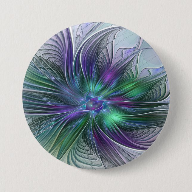 Purple Green Flower Modern Abstract Art Fractal 3 Inch Round Button (Front)
