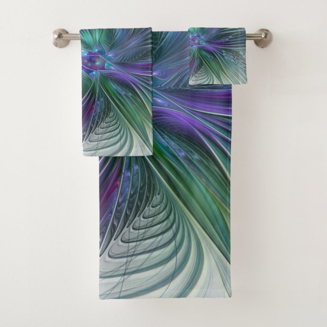 Purple Green Flower Modern Abstract Art Fractal Bath Towel Set (Insitu)