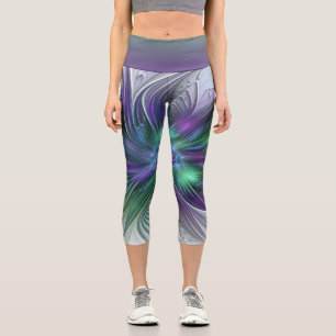 Purple Green Flower Modern Abstract Art Fractal Capri Leggings