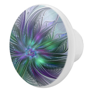 Purple Green Flower Modern Abstract Art Fractal Ceramic Knob