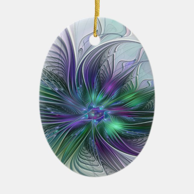 Purple Green Flower Modern Abstract Art Fractal Ceramic Ornament (Front)