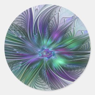 Purple Green Flower Modern Abstract Art Fractal Classic Round Sticker
