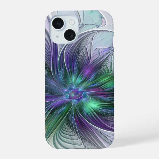 Purple Green Flower Modern Abstract Art Fractal iPhone 15 Case (Back)