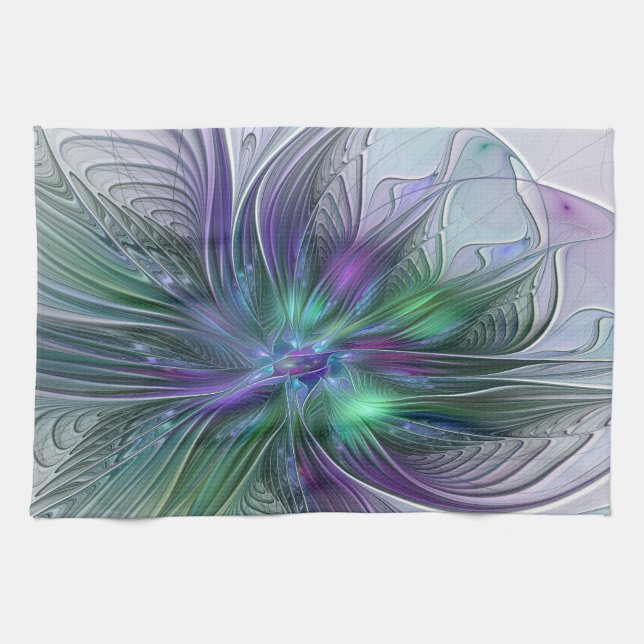 Purple Green Flower Modern Abstract Art Fractal Kitchen Towel (Horizontal)