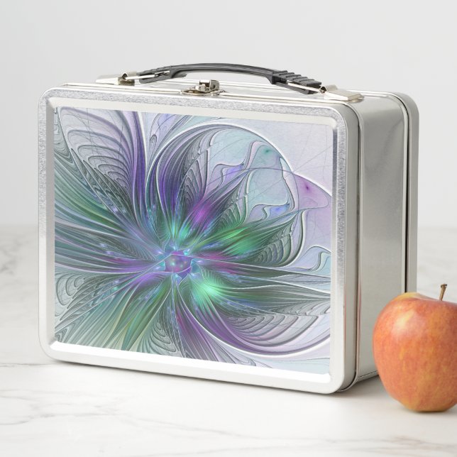 Purple Green Flower Modern Abstract Art Fractal Metal Lunch Box (In Situ)