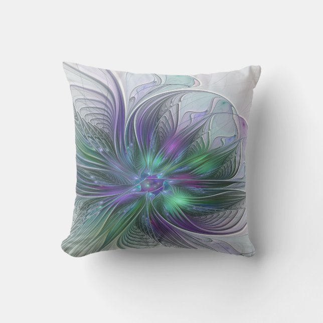 Purple Green Flower Modern Abstract Art Fractal Outdoor Pillow (Front)