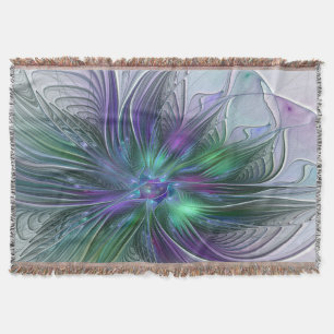 Purple Green Flower Modern Abstract Art Fractal Throw Blanket