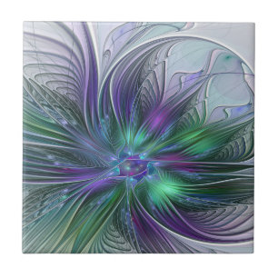 Purple Green Flower Modern Abstract Art Fractal Tile