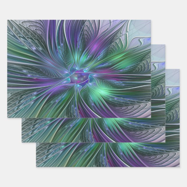 Purple Green Flower Modern Abstract Art Fractal Wrapping Paper Sheet (Set)