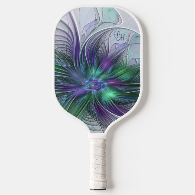 Purple Green Flower Modern Abstract Art Initials Pickleball Paddle (Front)
