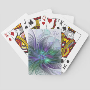 Purple Green Flower Modern Abstract Art Monogram Playing Cards