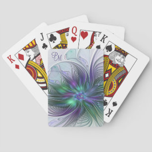 Purple Green Flower Modern Abstract Art Monogram Playing Cards