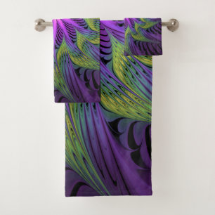 Purple Green Flower Modern Abstract Fractal Art Bath Towel Set