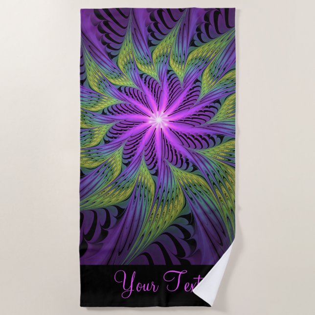Purple Green Flower Modern Abstract Fractal Art Beach Towel (Front)