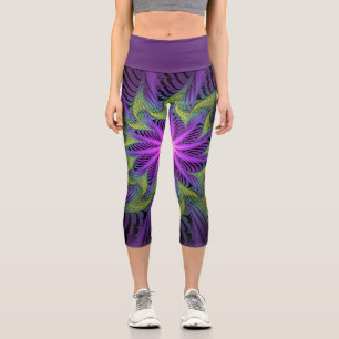 Purple Green Flower Modern Abstract Fractal Art Capri Leggings