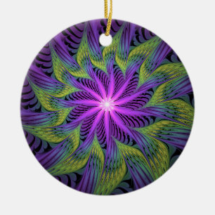 Purple Green Flower Modern Abstract Fractal Art Ceramic Ornament