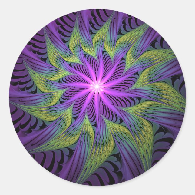 Purple Green Flower Modern Abstract Fractal Art Classic Round Sticker (Front)