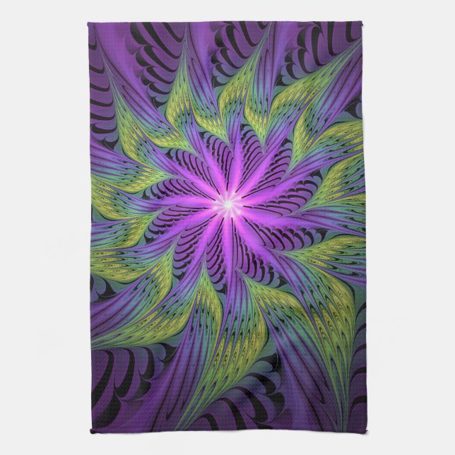 Purple Green Flower Modern Abstract Fractal Art Kitchen Towel (Vertical)