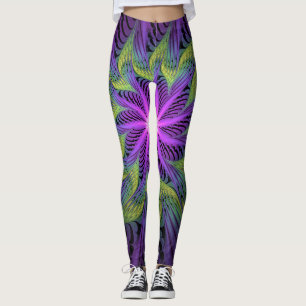 Purple Green Flower Modern Abstract Fractal Art Leggings