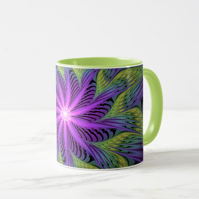 Purple Green Flower Modern Abstract Fractal Art Mug (Front Right)