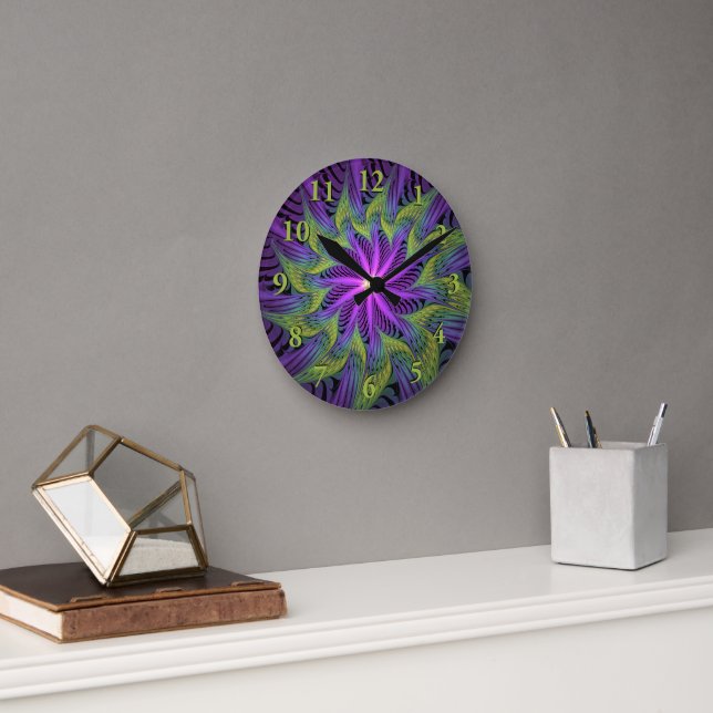 Purple Green Flower Modern Abstract Fractal Art Round Clock (Office)