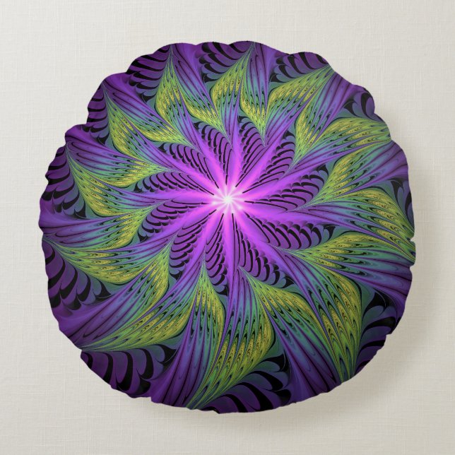 Purple Green Flower Modern Abstract Fractal Art Round Pillow (Front)