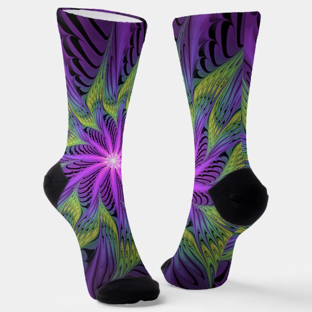 Purple Green Flower Modern Abstract Fractal Art Socks (Angled)