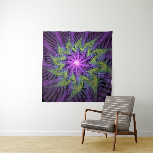 Purple Green Flower Modern Abstract Fractal Art Tapestry (In Situ)