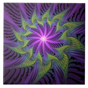 Purple Green Flower Modern Abstract Fractal Art Tile