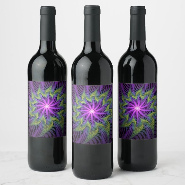 Purple Green Flower Modern Abstract Fractal Art Wine Label (Bottles)