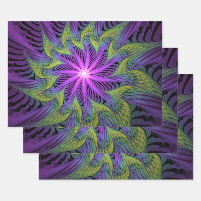 Purple Green Flower Modern Abstract Fractal Art Wrapping Paper Sheet (Set)
