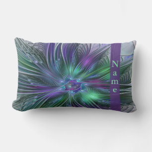 Purple Green Flower Modern Abstract Fractal Name Lumbar Pillow