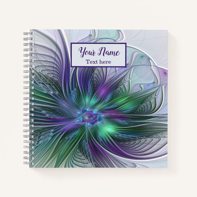 Purple Green Flower Modern Abstract Fractal Name Notebook (Front)
