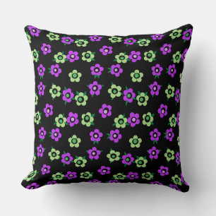 Purple green flowers on black background retro throw pillow