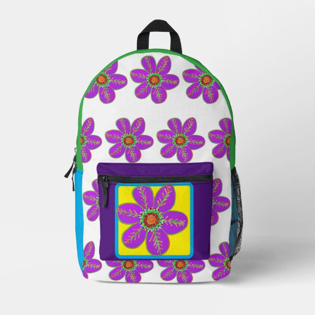 Purple Green Flowers Printed Backpack (Front)