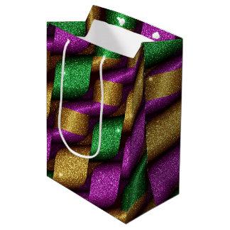 PURPLE GREEN GOLD GLITTER LOOK MARDI GRAS MEDIUM GIFT BAG