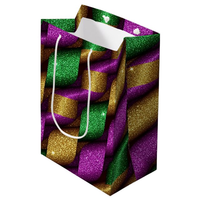 PURPLE GREEN GOLD GLITTER LOOK MARDI GRAS MEDIUM GIFT BAG (Front Angled)