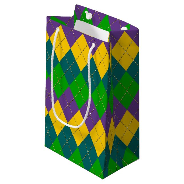 PURPLE GREEN GOLD MARDI GRAS DIAMOND PATTERN SMALL GIFT BAG (Front Angled)