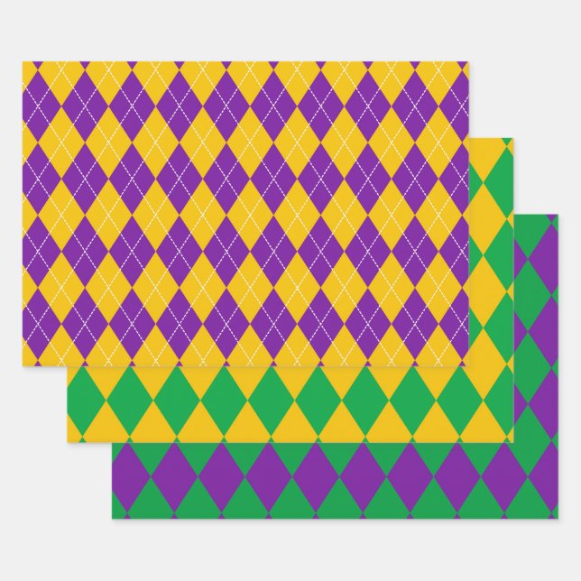 PURPLE GREEN GOLD MARDI GRAS DIAMOND PATTERN WRAPPING PAPER SHEET (Set)