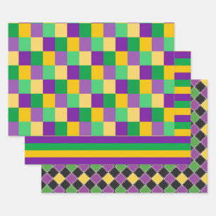 PURPLE GREEN GOLD MARDI GRAS DIAMOND STRIPES WRAPPING PAPER SHEET