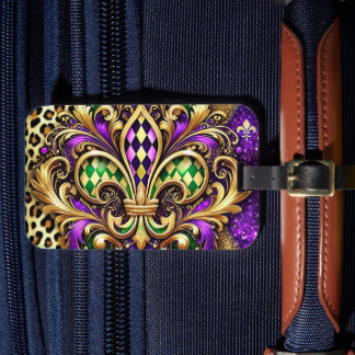 PURPLE GREEN GOLD MARDI GRAS FLEUR DE LIS LUGGAGE TAG