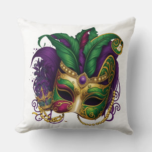 PURPLE GREEN GOLD MARDI GRAS MASK THROW PILLOW