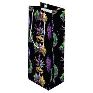 PURPLE GREEN GOLD MARDI GRAS MASKS FEATHERS WINE GIFT BAG