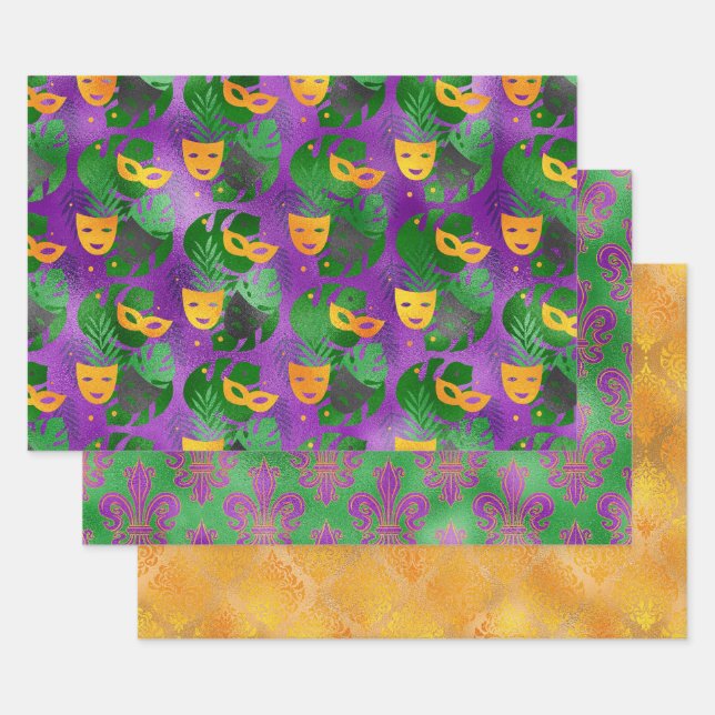PURPLE GREEN GOLD MARDI GRAS MASKS FEATHERS WRAPPING PAPER SHEET (Set)